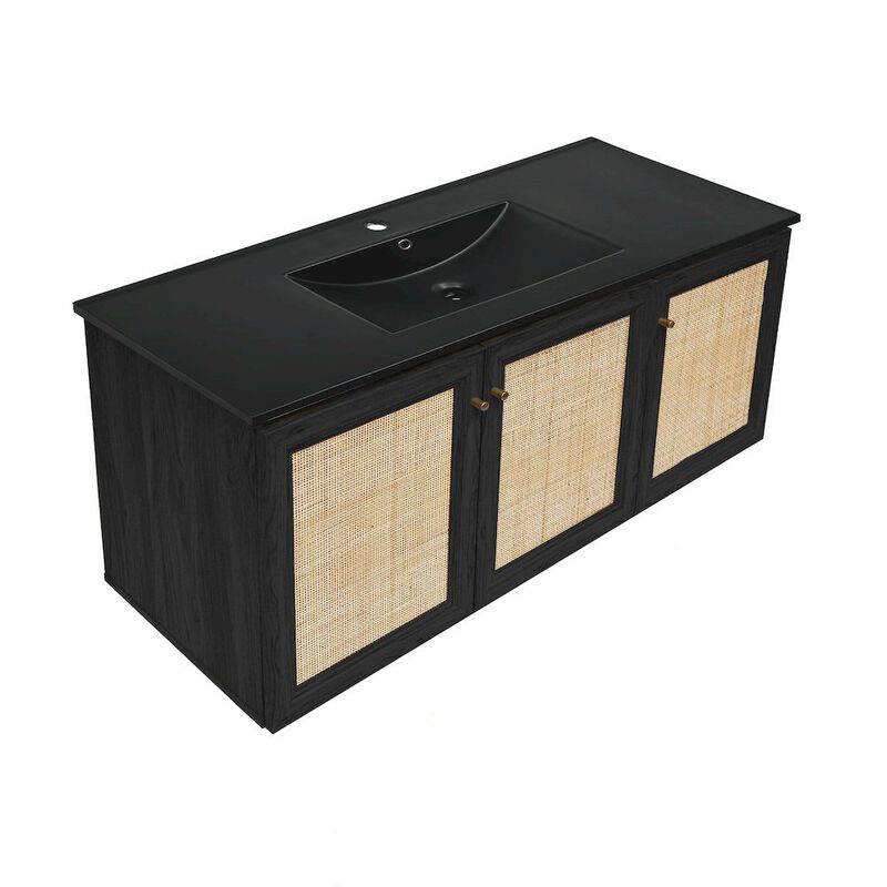 Classe 48" Wall-Mounted Bathroom Vanity in Black Oak with Black Sink Top image number 1