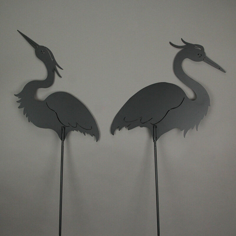 Set / 2 Black Laser-Cut Heron Silhouette Cutout Metal Bird Garden Stakes 43 Inch image number 2
