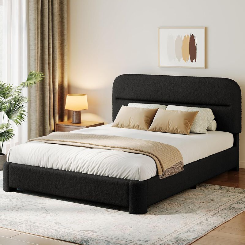Vipbear Upholstered Boucle Platform Bed Frame with Adjustable Wide Headboard, Wooden Slats, Black image number 2