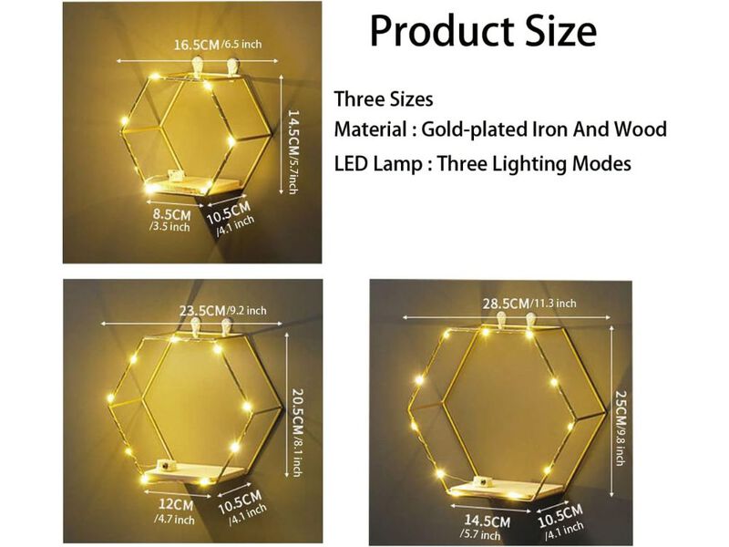 Hexagon Floating Shelves Set of 3 Gold Metal Wood Wall Shelf with LED Lights image number 2