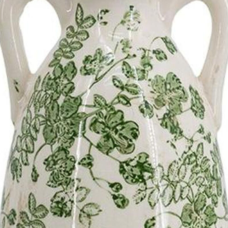 HomeRoots 14" Green And White Leaf Ceramic Amphora Table Vase image number 5