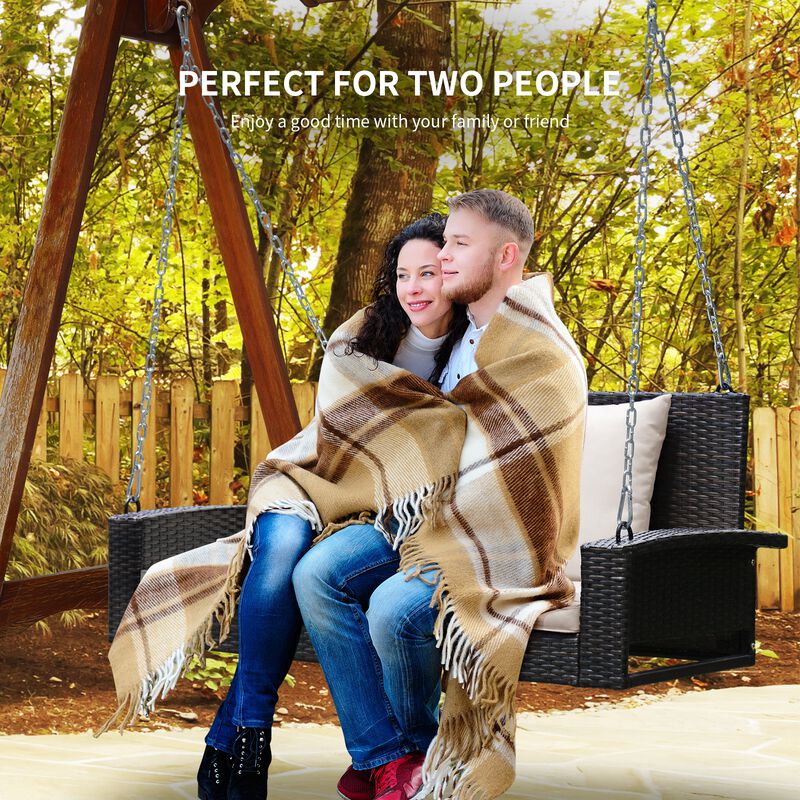 2-Person Wicker Hanging Porch Swing with Cushions &ndash; Includes 2 Back Cushions & 1 Seat Cushion