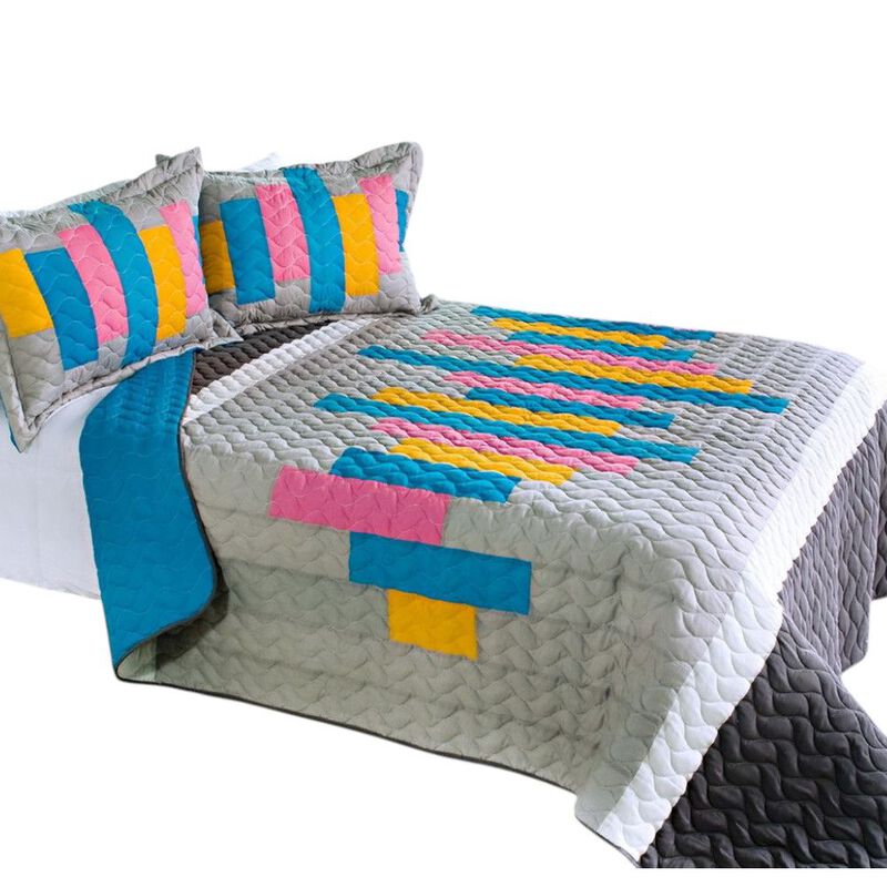 3 Piece Vermicelli Quilted Patchwork Quilt Set Creative Life Collection image number 1