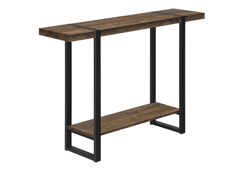 HomeRoots 47" Brown and Black Wood and Metal Distressed Sled Console Table With Shelf image number 4