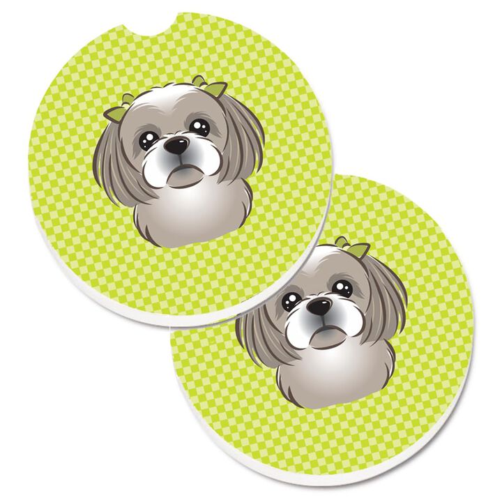 Caroline's Treasures Checkerboard Lime green Gray Silver Shih Tzu Set of 2 Cup Holder Car Coasters BB1312CARC, 2.56, Multicolor