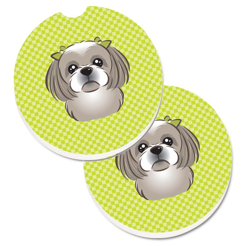 Caroline's Treasures Checkerboard Lime green Gray Silver Shih Tzu Set of 2 Cup Holder Car Coasters BB1312CARC, 2.56, Multicolor