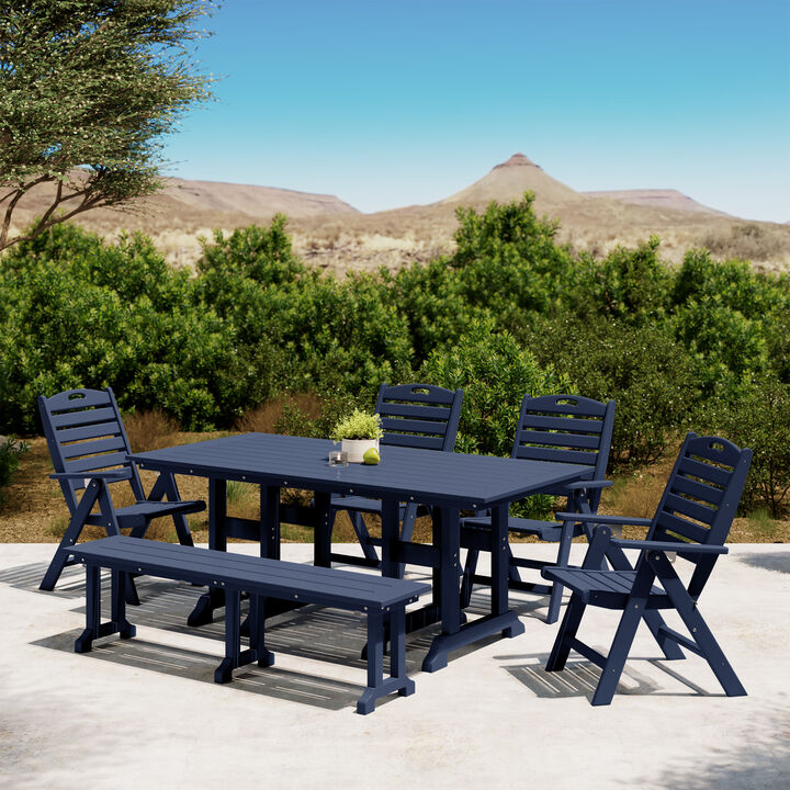 WestinTrends 6-Piece HDPE Rectangular Patio Dining Table Set with Foldable Chairs and Patio Bench