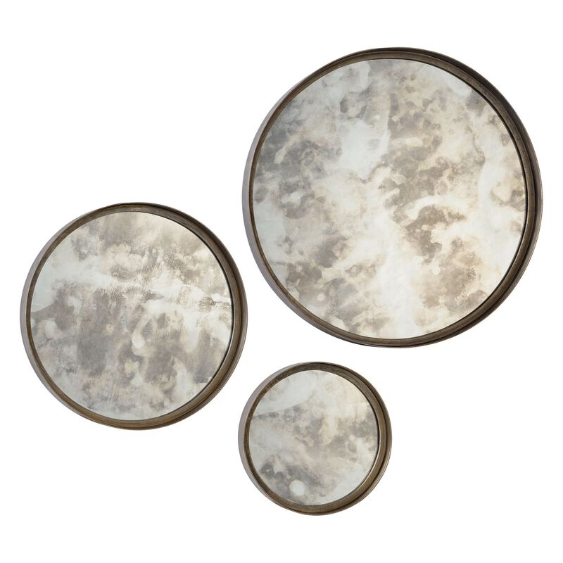 Set of 3 Antique Silver Finish Metal Framed Round Wall Mirrors 20" image number 1