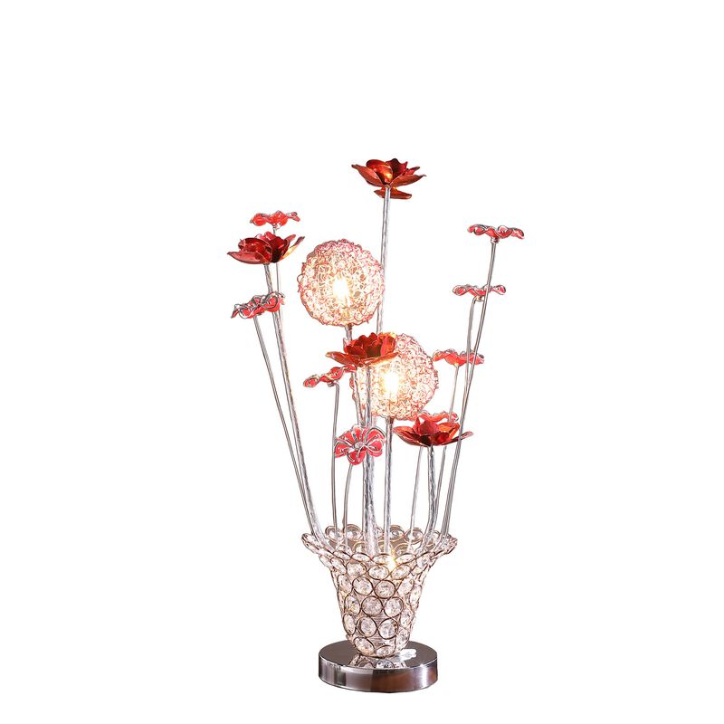 Accent Table Lamp, LED, Red Roses Trumpet Crystal Vase, Chrome 21 Inch - Benzara