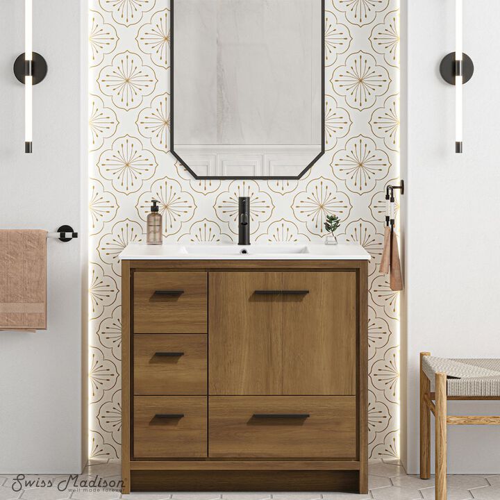 Virage 36" Freestanding Bathroom Vanity in Brown Oak with Sink Top