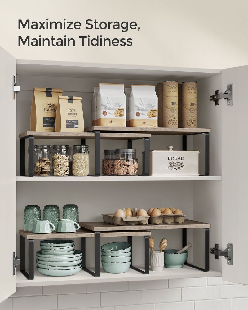 Set of 2 Cabinet Shelf Organizers Stackable, Expandable Metal and Bamboo Kitchen Counter Shelves