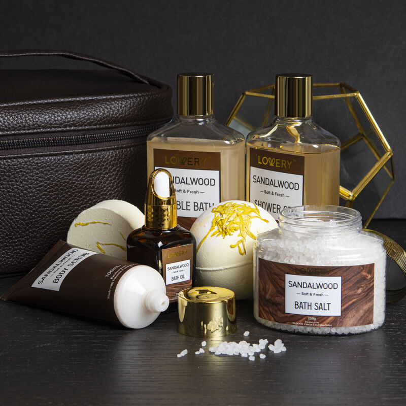 Luxury Spa Kit for Men - Sandalwood Bath Set - Personal Care Kit in Brown Leather Cosmetic Bag