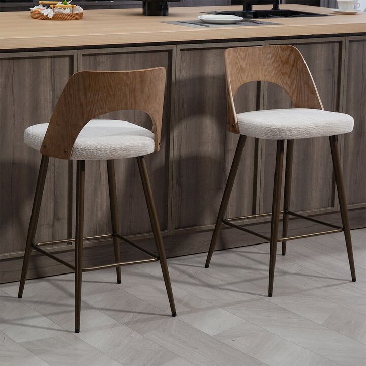 Glamour Home Set of 2 Beige Washed Boucle Fabric Counter Stool White Washed Wood Back