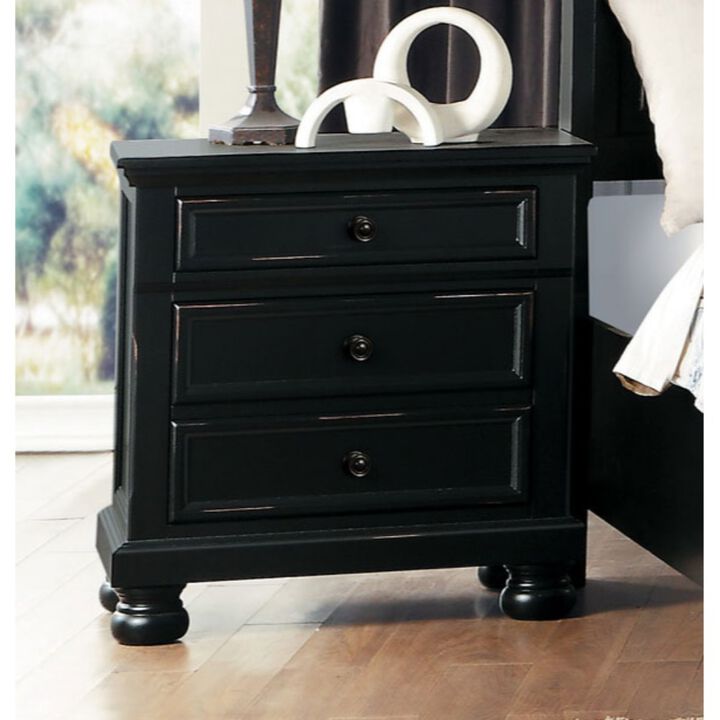 Transitional Style Two Drawer Wooden Night Stand with Round Bun Legs, Black-Benzara
