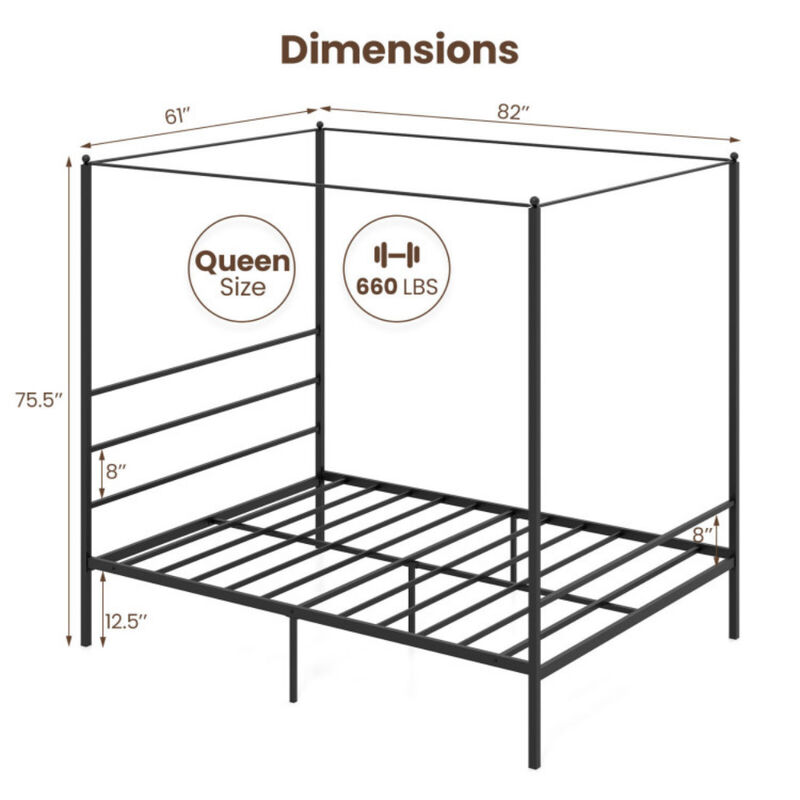 Canopy Bed Frame with Slat Support, Sturdy Metal Construction