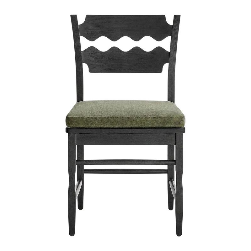 Oak Wood Dining Chair with Wavy Razor Back and Seat Cushion, Black Sage image number 0