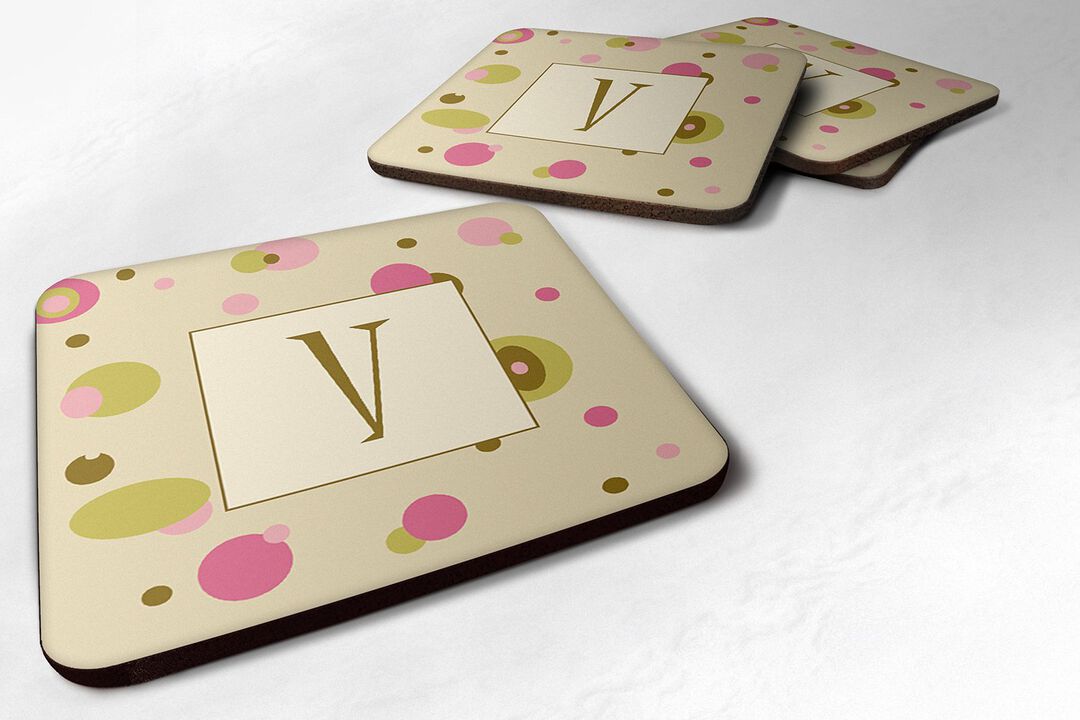 Caroline's Treasures CJ1004-VFC Monogram-Tan Dots Foam Coasters (Set of 4), Initial Letter V, 3.5 H x 3.5 W, Multicolor