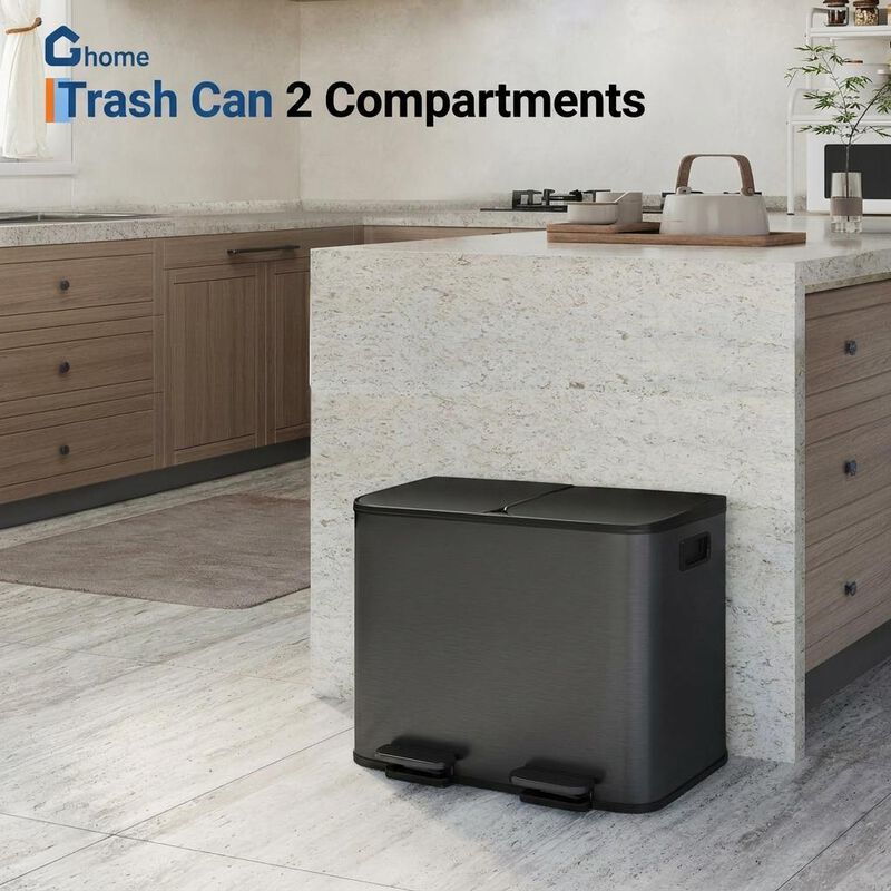 Stainless Steel Dual Compartment Trash Can. 2x15L Removable Buckets, Soft-Close Lid, Touchless pedal image number 1