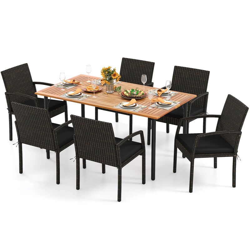 Mondawe 7 Pcs Patio Dining Set,Acacia Wood Table with 2.16" Umbrella Hole & 6 Cushioned Armchairs