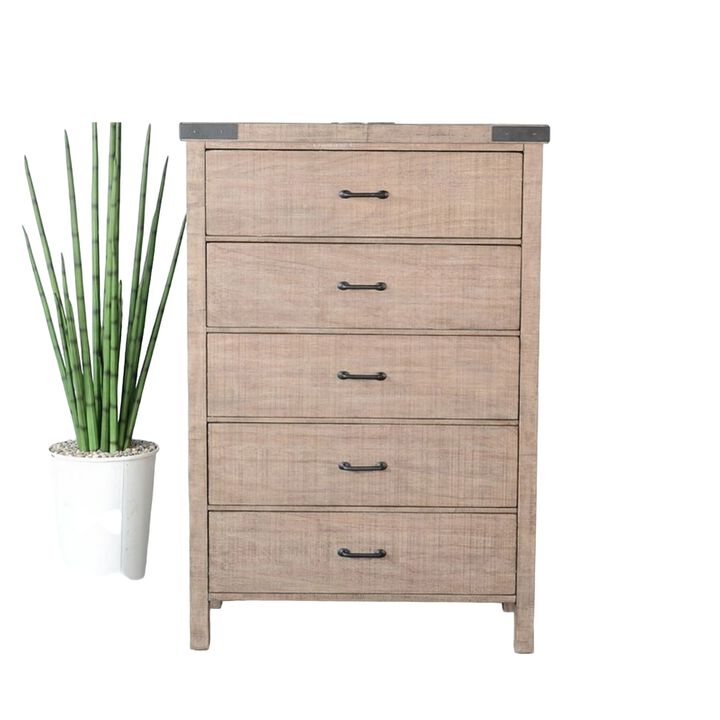 Desy Tall Dresser Chest with 5 Drawers, Light Brown Mahogany Wood - Benzara