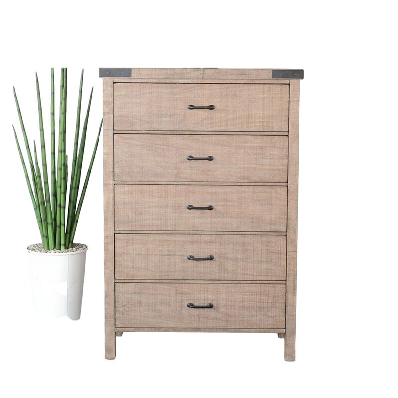 Desy Tall Dresser Chest with 5 Drawers, Light Brown Mahogany Wood - Benzara