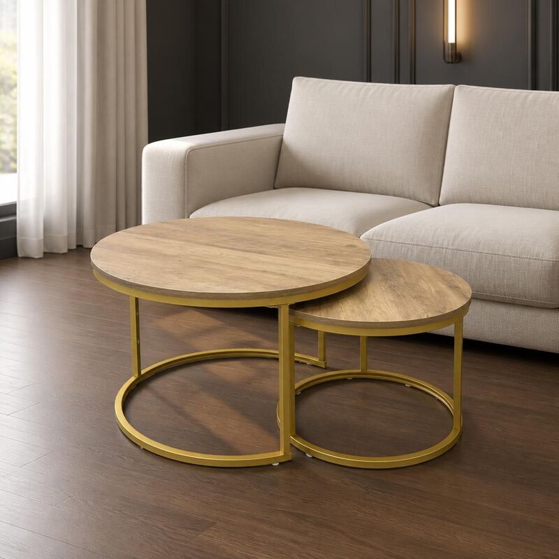 GOODSILO Round Nesting Coffee Table Set of 2, Space-Saving Stackable Side Tables with Marble Pattern Top and Sturdy Metal Frame for Living Room Bedroom Balcony image number 2