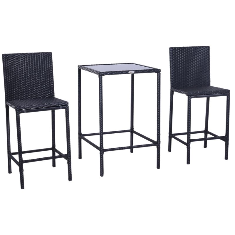 Alfresco Bar Ensemble: 3-Piece Black Wicker Counter Set with Glass Top