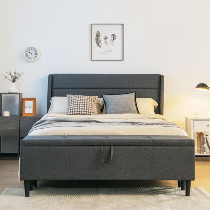 Hivvago Upholstered Bed Frame with Headboard and Storage Ottoman