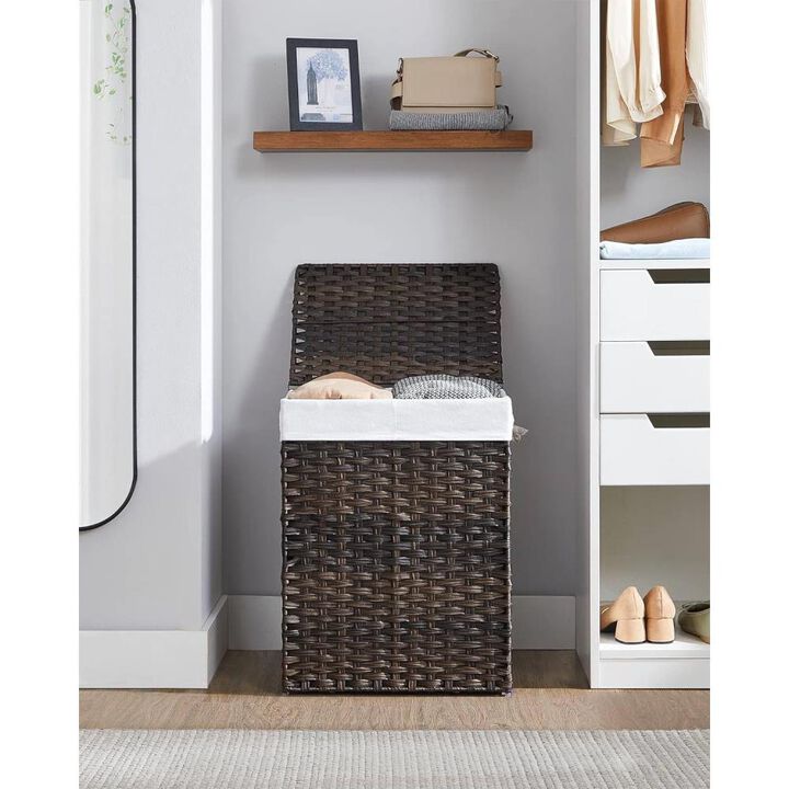 Hivvago Brown PP Rattan 24-Gal Laundry Hamper Basket w/ 2-Compartment Washable Liner Bag