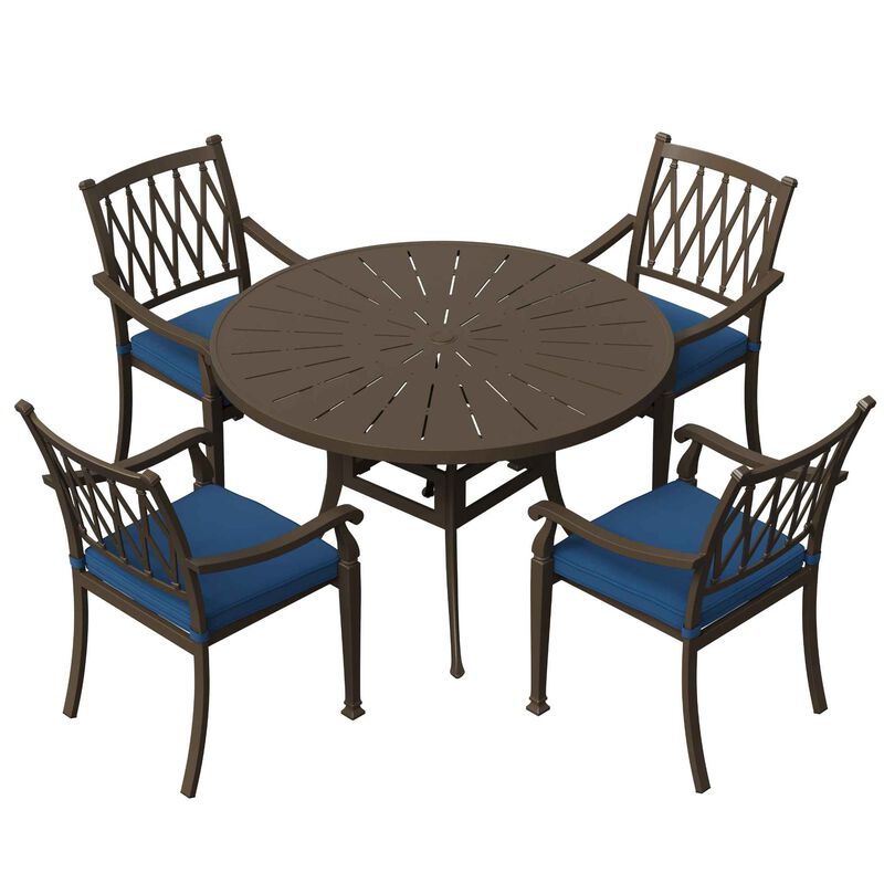 Mondawe 5 Pieces Cast Aluminum Outdoor Dining Set 4 Ergonomic Design Outdoor Chair with Cushions and 1 Round Table with 2.0 Inch Umbrella Hole