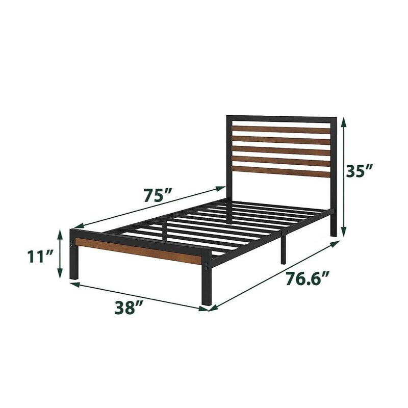 Hivvago Twin Metal Platform Bed Frame with Bamboo Wood Slatted Headboard and Footboard