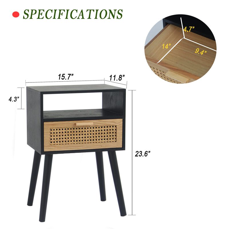 MaxSmeo End Table with Storage Mid Century Nightstand with Rattan Drawer and Shelf, Wood Small Side Coffee Table for Small Space