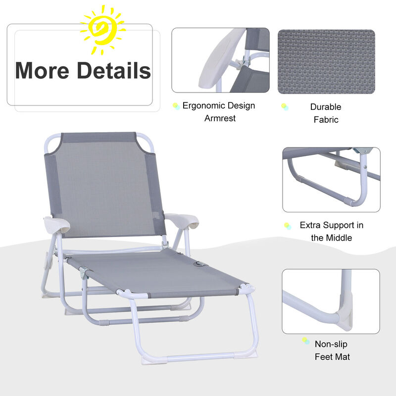Outsunny Folding Chaise Lounge, Outdoor Sun Tanning Chair, 4-Position Reclining Back, Armrests, Metal Frame and Mesh Fabric for Beach, Yard, Patio, Gray