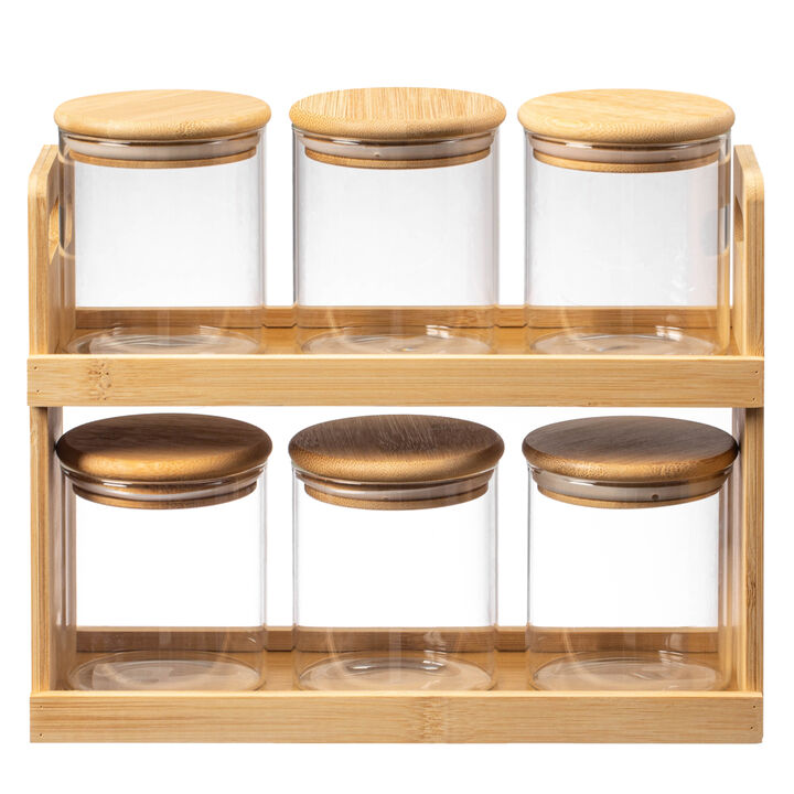Basicwise Versatile 2-Tier Bamboo Spice Rack and Pantry Organizer with 6 Glass Jars – Perfect for Countertop Storage in Kitchens to Keep  Seasoning Containers Neatly Displayed and Easily Accessible