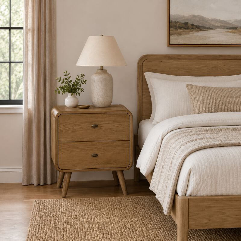 Ryb Nightstand with 2 Drawers, Curved Corners, Light Ash Wood 27 Inch image number 8