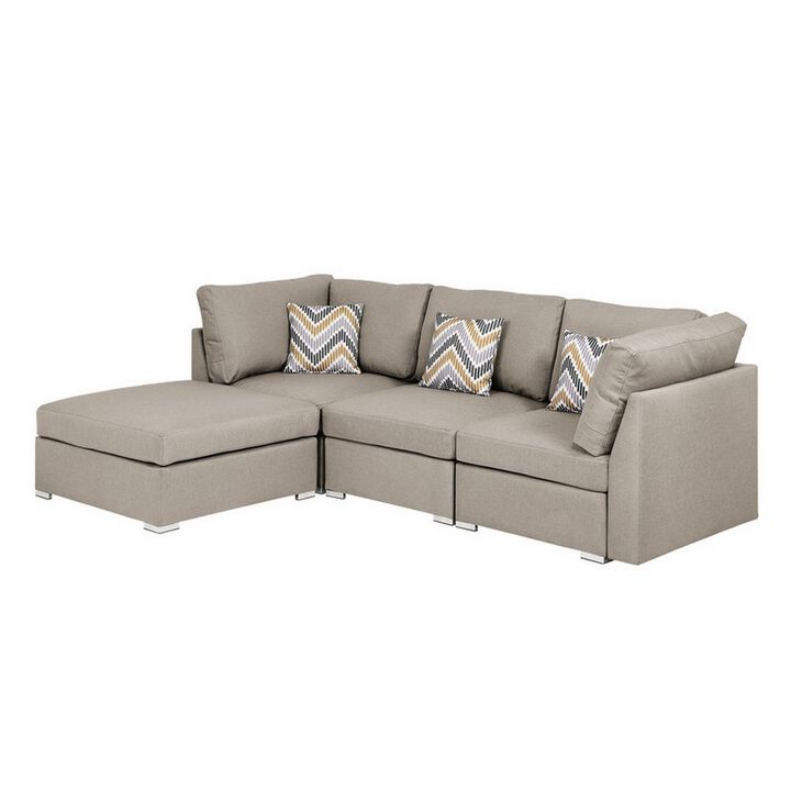 Tony 95 Inch Modern Chaise Sofa with Ottoman and 3 Pillows, Beige Fabric-Benzara