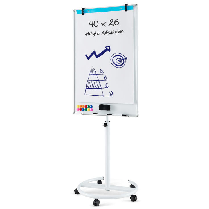 Rolling Height Adjustable Whiteboard with Round Base and Paper Clips
