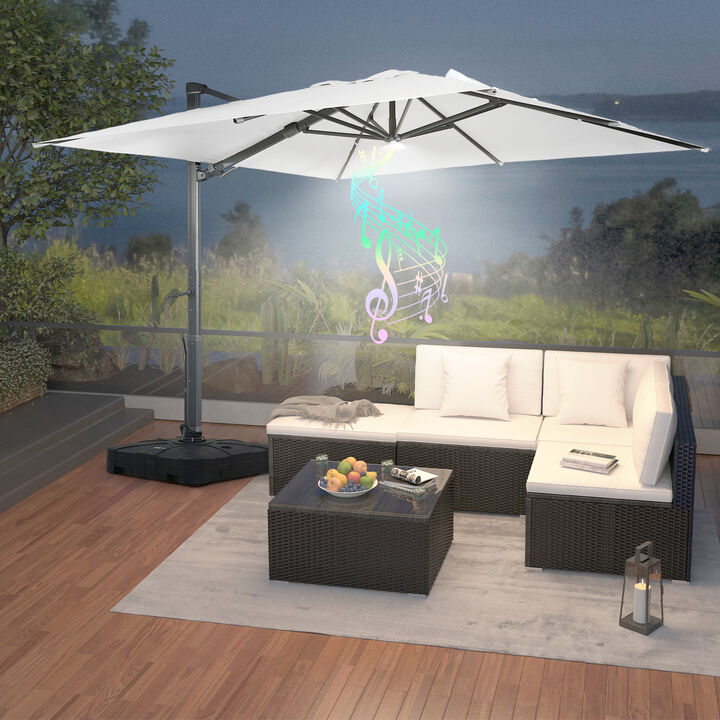 MONDAWE 10 ft. Square Outdoor Cantilever Umbrella Aluminum Frame Tilting Parasol with Detachable Bluetooth LED Light Panel and Weighted Based