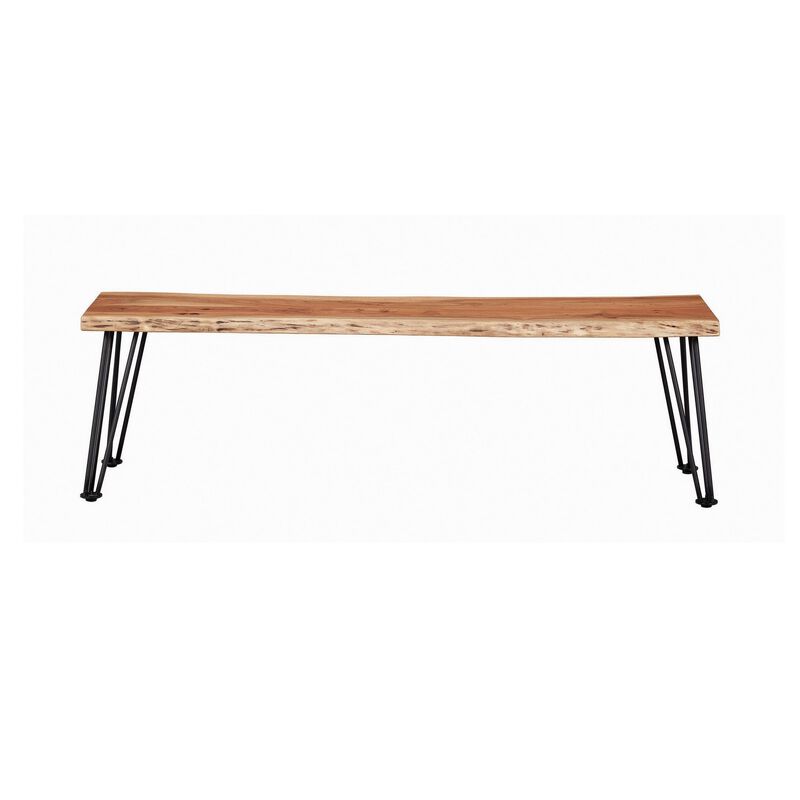 Wooden Dining Bench with Live Edge Details and Metal Legs, Brown-Benzara
