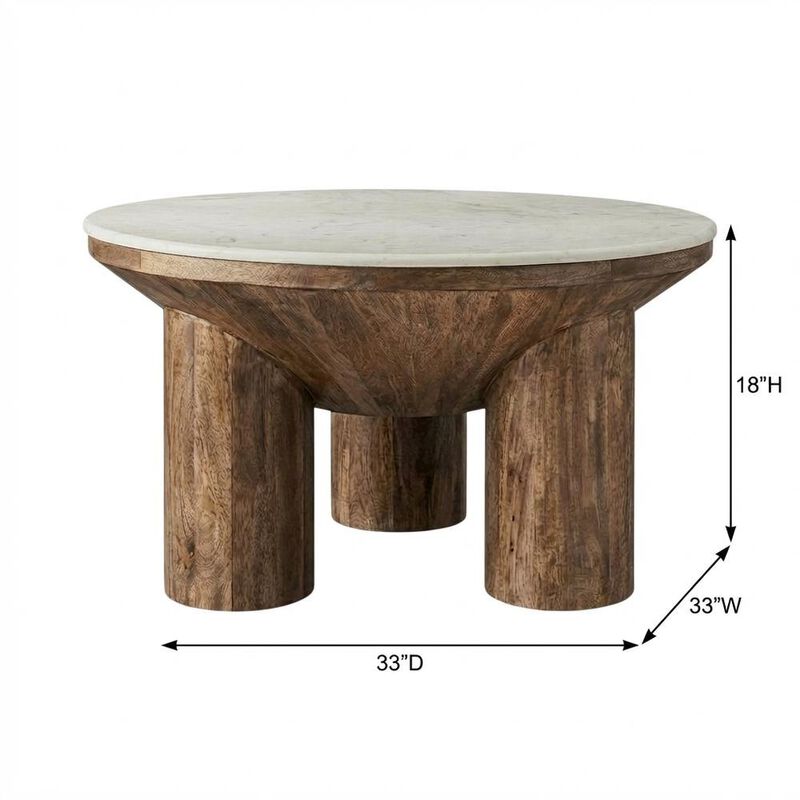 Wood Coffee Table with Marble Top, 33-Inch Round, Modern Design image number 2