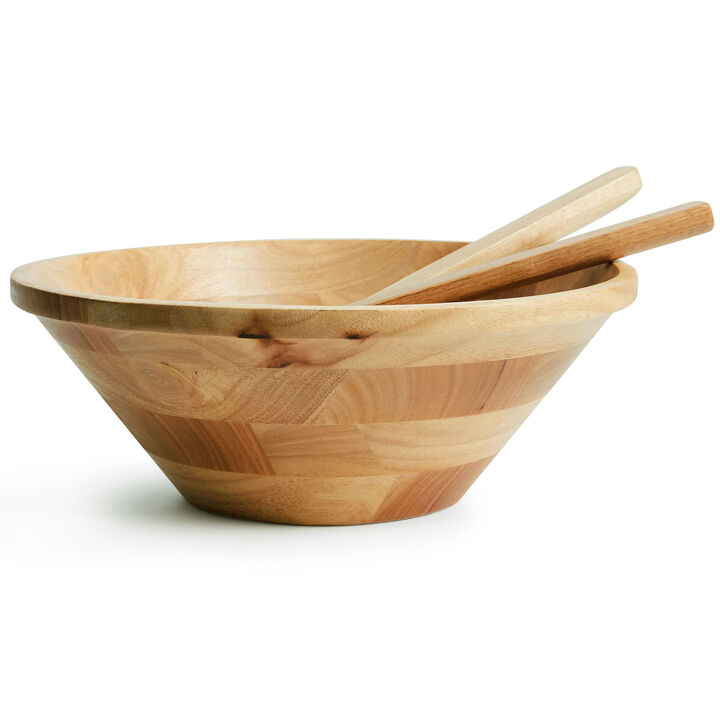 Martha Stewart Coban 3 Piece Rubber Wood Salad Bowl and Servers in Light Brown