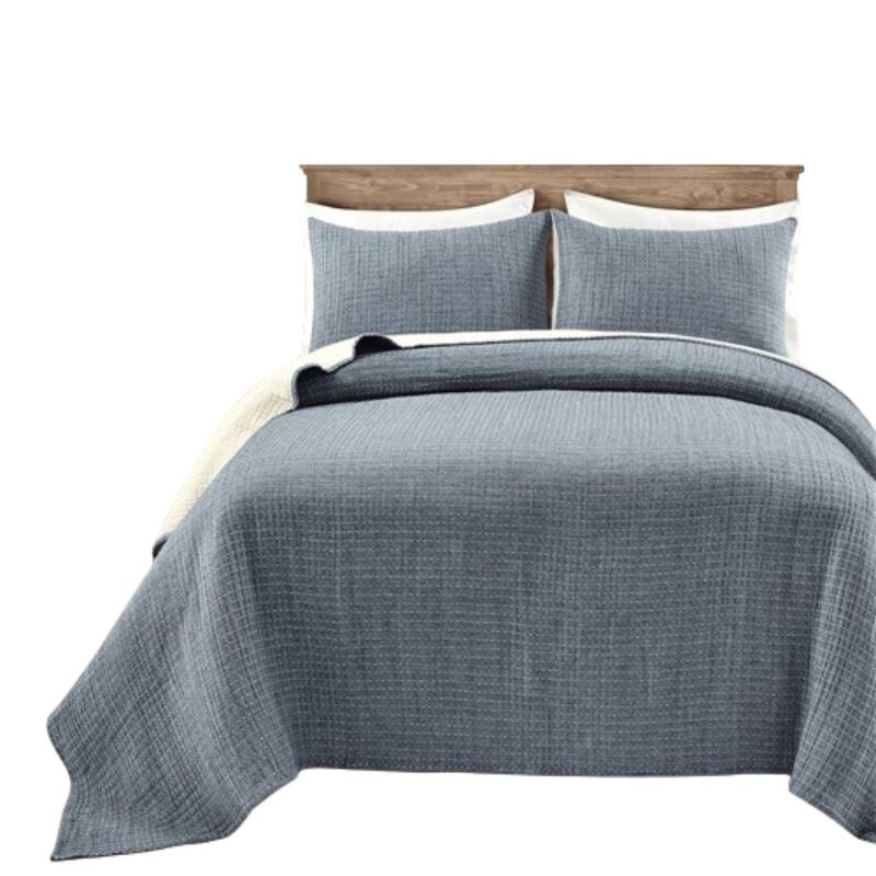 Hivvago King Size 3 Piece Reversible Woven Cotton Quilt Set in Navy Cream