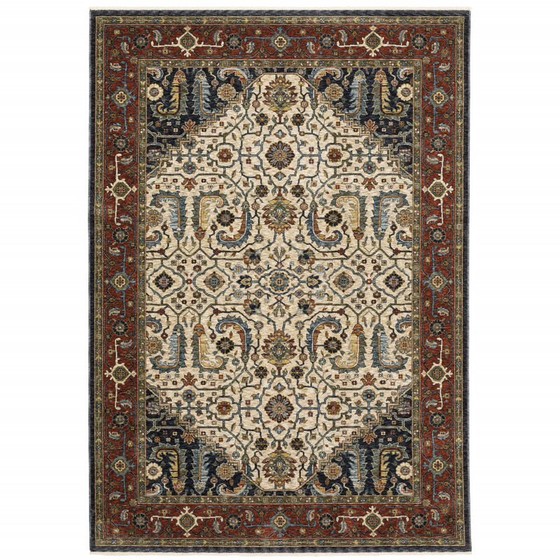 10 X 13 Ivory Beige Red Blue gold green And Navy Oriental Power Loom Stain Resistant Area Rug With Fringe