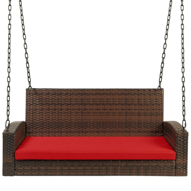 QuikFurn Brown Wicker Hanging Patio Porch Swing Bench w/ Mounting Chains and Red Seat Cushion