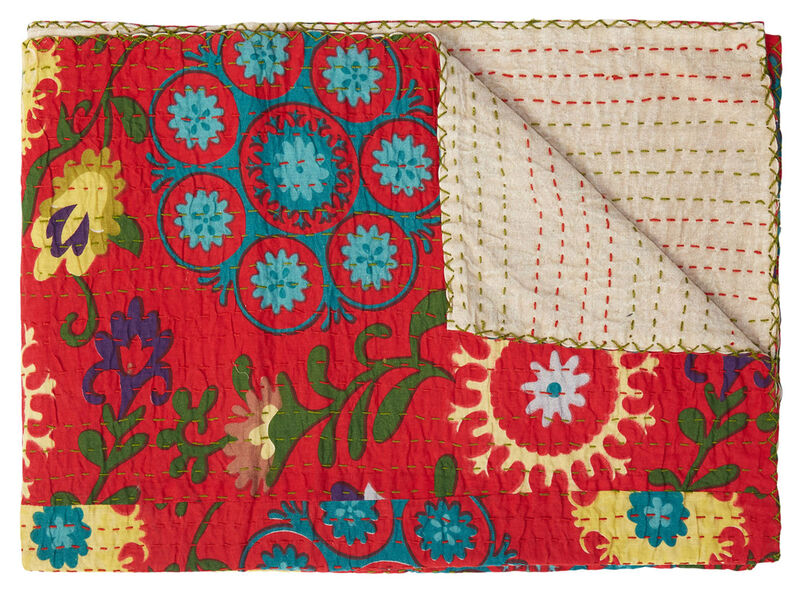 HomeRoots 50" X 70" Red Floral Cotton Quilted Kantha Throw Blanket with Embroidery image number 0