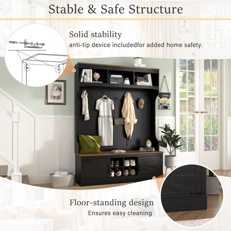 Merax All-in-One Entryway Storage Unit with Seating Bench, Coat Hooks & Shoe Rack image number 6