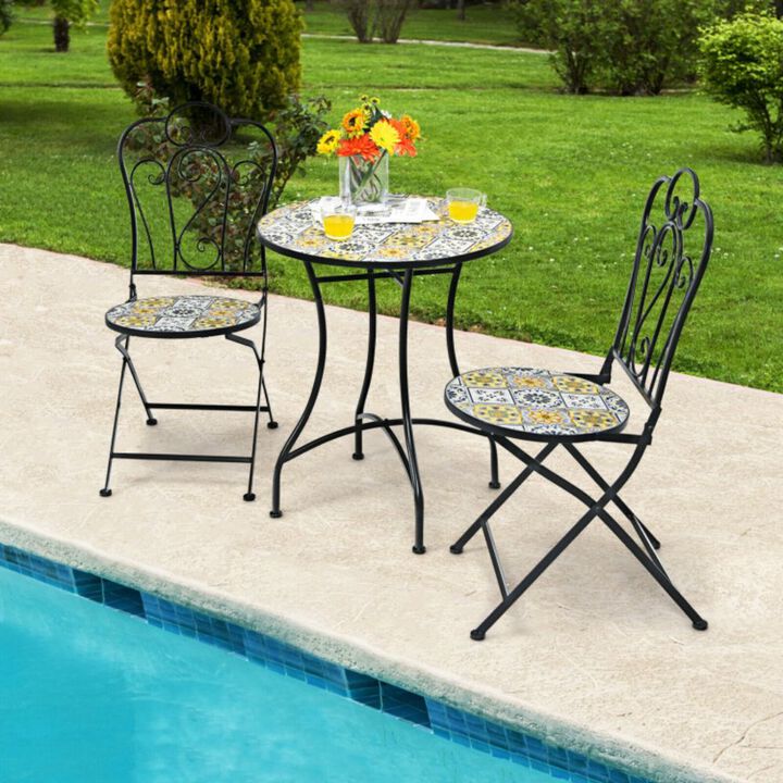 2-Pieces Mosaic Folding Bistro Chairs with Ceramic Tiles Seat