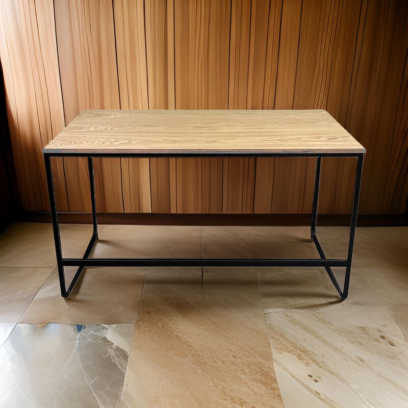 Evon 47 Inch Office Desk, Natural Brown Wood Top, Open Base, Black Metal - Benzara