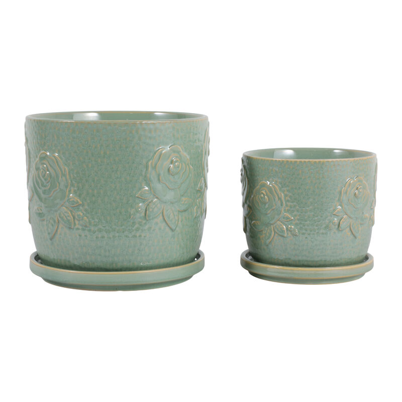 S/2 6/8" Rose Embossed Saucer Planters, Sage Green image number 5
