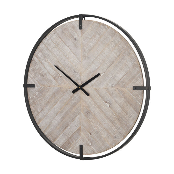 HomeRoots 33" Black And Natural Metal And Solid Wood Analog Distressed Round Wall Clock